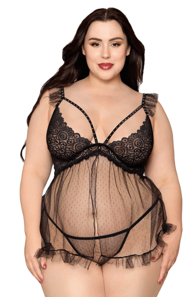 Babydoll grande taille noir et string assorti Taille : TU Grande Taille - OSQ, Couleur : Noir
