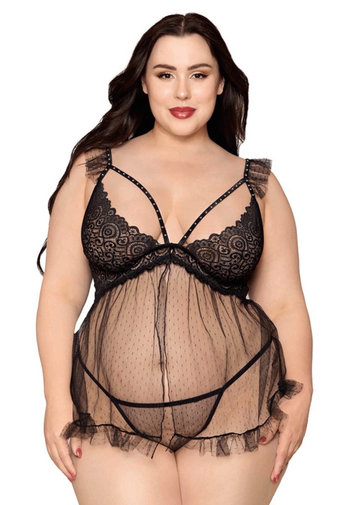 Accueil 17 Babydoll grande taille noir et string assorti Taille : TU Grande Taille - OSQ, Couleur : Noir