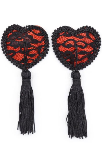 Accueil 18 Paire de cache tétons adhésifs en forme de cœur avec dentelle noire et pompom Couleur : Noir/Rouge