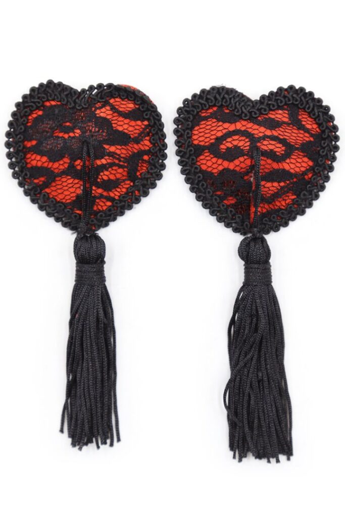Accueil 13 Paire de cache tétons adhésifs en forme de cœur avec dentelle noire et pompom Couleur : Noir/Rouge