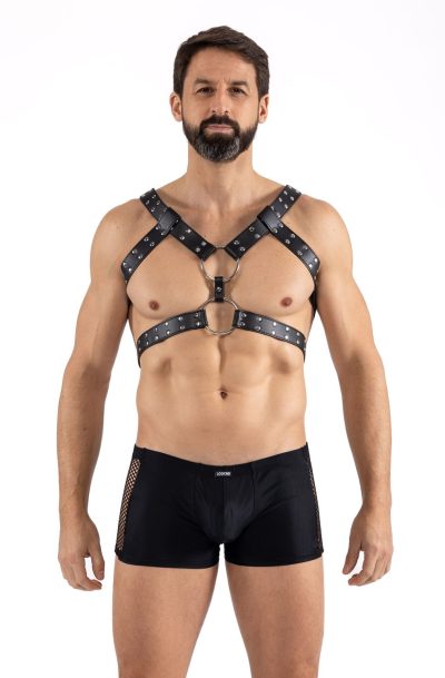 Harnais homme simili cuir avec sangles reliées par de larges anneaux Taille : Taille unique, Couleur : Noir
