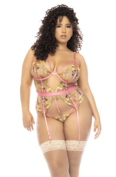 Body guépière grande taille avec dentelle brodée florale Sydney, porte jarretelles réglables et détachables Taille : 1X/2X, Couleur : Rose