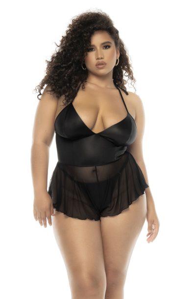 Accueil 16 Body effet babydoll Pearl grande taille en wetlook noir et résille, bretelles réglables, zip fonctionnel au dos Taille : 1X/2X, Couleur : Wetlook noir