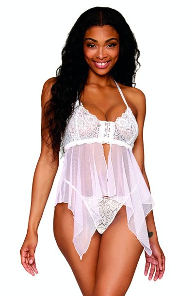 Babydoll et string en résille et dentelle blanche Taille : Taille Unique - OS, Couleur : Blanc