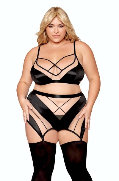 Ensemble grande taille avec Soutien-gorge, jupe porte-jarretelles, string Taille : 3X, Couleur : Noir