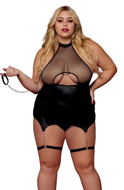 Body BDSM noir, grande taille, en maille avec corset / porte-jarretelles, simili cuir, intégré Taille : TU Grande Taille - OSQ, Couleur : Noir