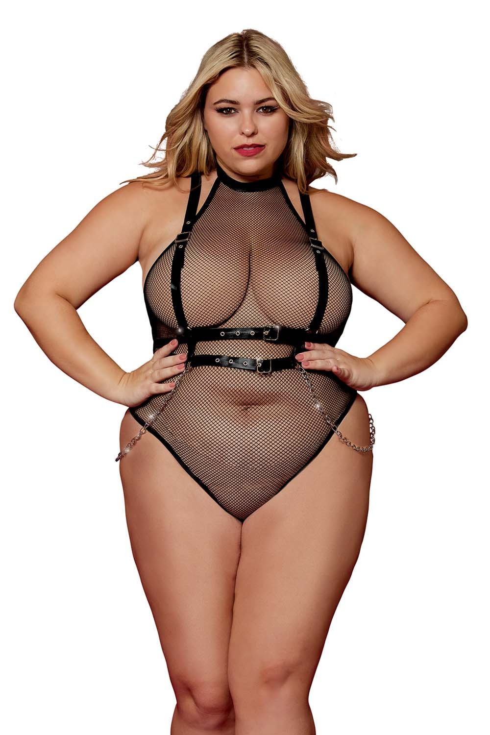 Body en résille, grande taille, avec Harnais simili cuir et chaines Taille : TU Grande Taille - OSQ, Couleur : Noir 1 Body en résille, grande taille, avec Harnais simili cuir et chaines Taille : TU Grande Taille - OSQ, Couleur : Noir