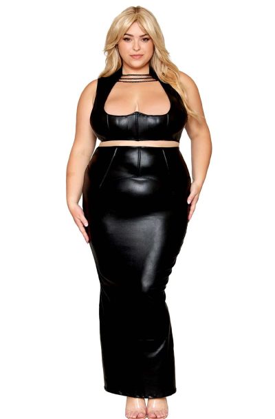 Ensemble Soutien-gorge et jupe longue, grande taille, noir en simili cuir Taille : 3X, Couleur : Noir