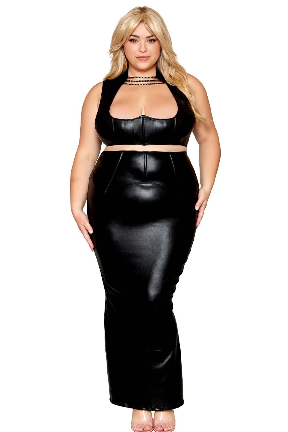 Ensemble Soutien-gorge et jupe longue, grande taille, noir en simili cuir Taille : 3X, Couleur : Noir 1 Ensemble Soutien-gorge et jupe longue, grande taille, noir en simili cuir Taille : 3X, Couleur : Noir