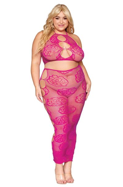 Ensemble Soutien-gorge et jupe longue en filet rose, grande taille Taille : TU Grande Taille - OSQ, Couleur : Rose