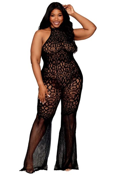 bodystocking en dentelle au crochet sans couture, grande taille, résille noire Taille : TU Grande Taille - OSQ, Couleur : Noir