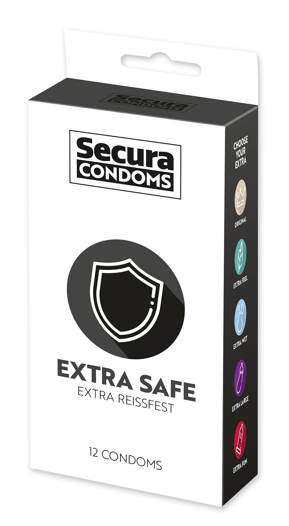 Préservatifs lubrifiés, plus épais, en latex x12 avec réservoir Extra Safe 53 mm Contenance : Boite de 12 1 Préservatifs lubrifiés, plus épais, en latex x12 avec réservoir Extra Safe 53 mm Contenance : Boite de 12