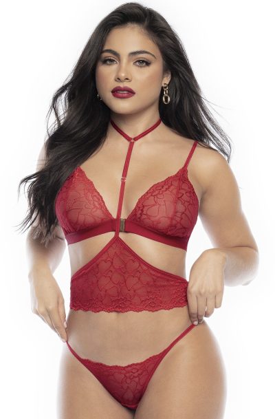 Ensemble lingerie trois pièces en dentelle rouge imprimée de cœurs Taille : L/XL, Couleur : Rouge