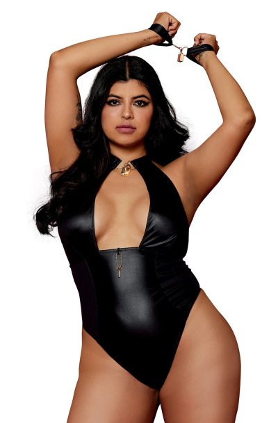 Accueil 12 Body wetlook noir grande taille avec menottes, cadenas bijoux et clé bijou inclus Taille : TU Grande Taille - OSQ, Couleur : Noir