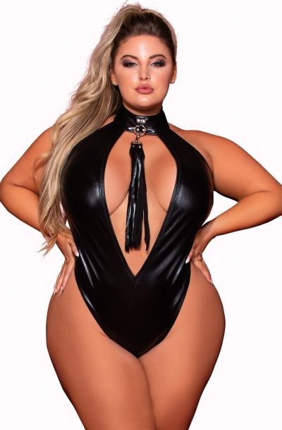 Body en simili cuir grande taille, extensible avec col clouté et fouet Taille : TU Grande Taille - OSQ, Couleur : Noir