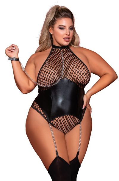 Accueil 12 Body grande taille large résille et porte jarretelle simili cuir avec chainettes Taille : TU Grande Taille - OSQ, Couleur : Noir