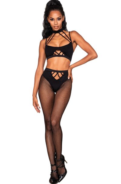 Ensemble de deux pièces avec brassière à lanières et collants. Taille : Taille Unique - OS, Couleur : Noir
