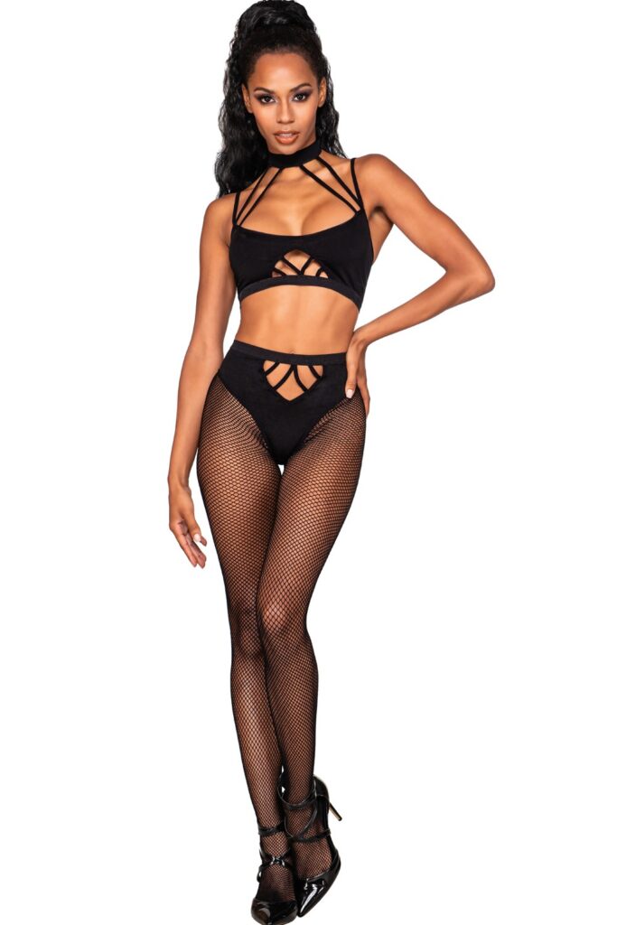 Accueil 16 Ensemble de deux pièces avec brassière à lanières et collants. Taille : Taille Unique - OS, Couleur : Noir