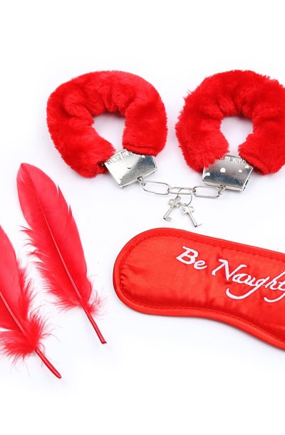 Kit coquin 4 pièces : Menottes, 2 plumes et masque rouge Couleur : Rouge