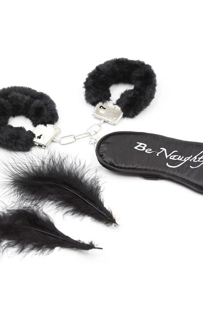 Accueil 12 Kit coquin 4 pièces : Menottes, 1 plume et masque Couleur : Noir