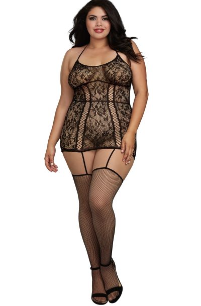 Accueil 14 Combinaison grande taille en dentelle et lanières entrecroisées devant et derrière Taille : TU Grande Taille - OSQ, Couleur : Noir