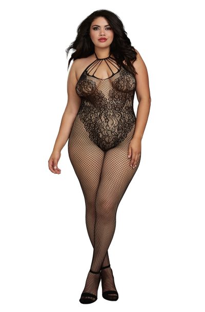 Accueil 16 Bodystocking Grande taille résille dans un style Body avec magnifique décolleté à lanières Taille : TU Grande Taille - OSQ, Couleur : Noir