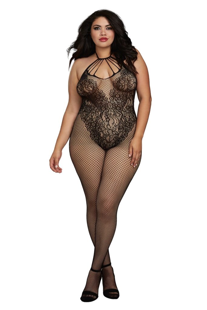 Accueil 12 Bodystocking Grande taille résille dans un style Body avec magnifique décolleté à lanières Taille : TU Grande Taille - OSQ, Couleur : Noir