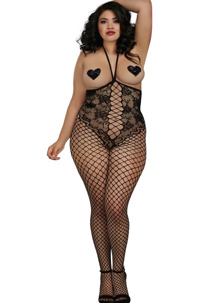 Accueil 17 Combinaison grande taille style body dentelle et jambes larges résilles Taille : TU Grande Taille - OSQ, Couleur : Noir