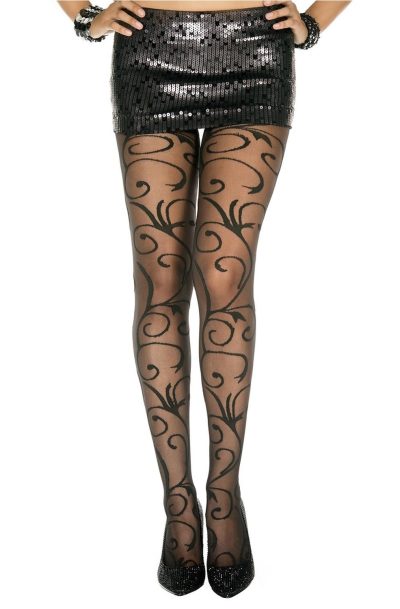 Collant fantaisie noir nylon avec fioritures Taille : TU, Couleur : Noir