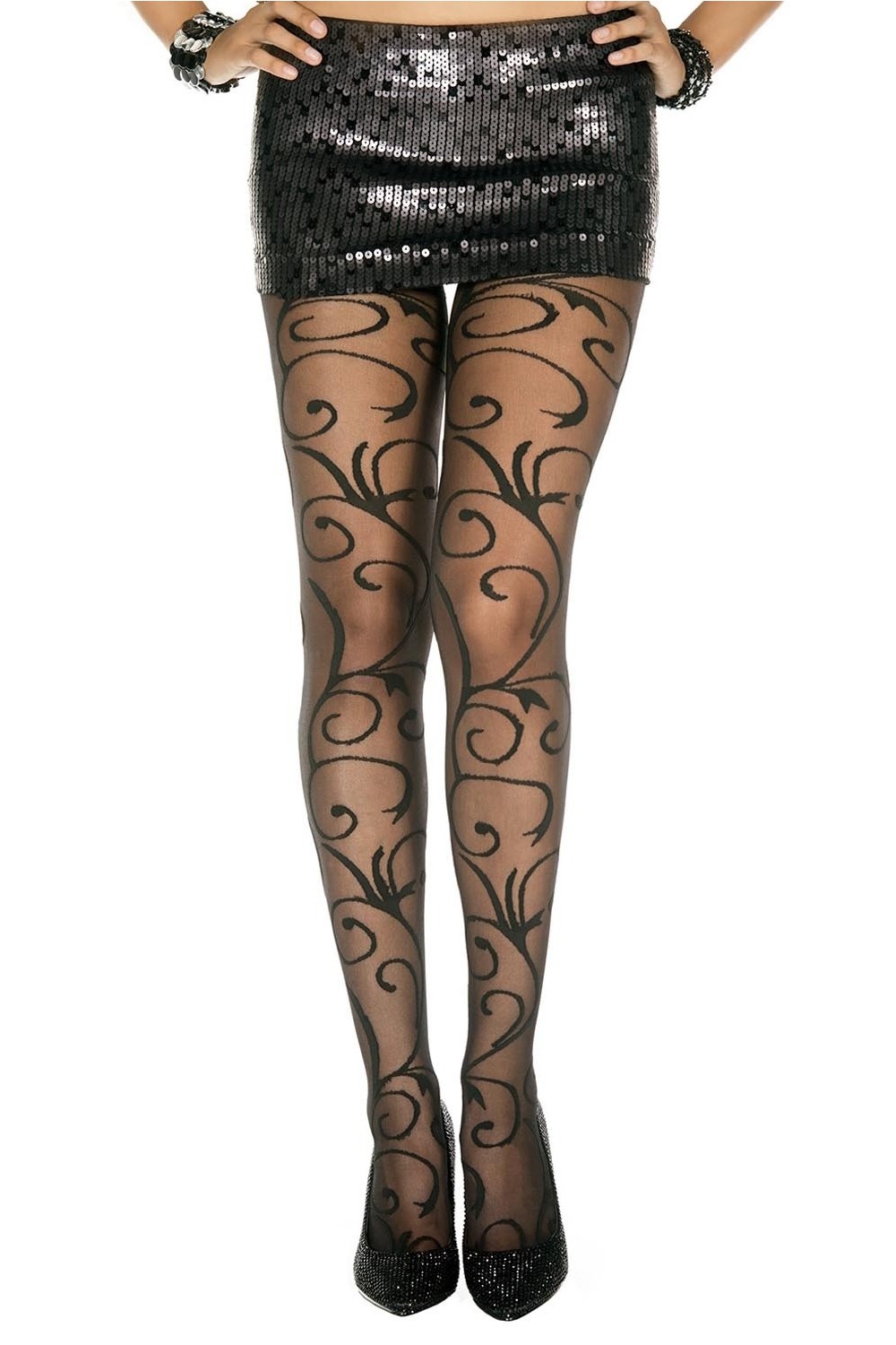 Collant fantaisie noir nylon avec fioritures Taille : TU, Couleur : Noir 1 Collant fantaisie noir nylon avec fioritures Taille : TU, Couleur : Noir