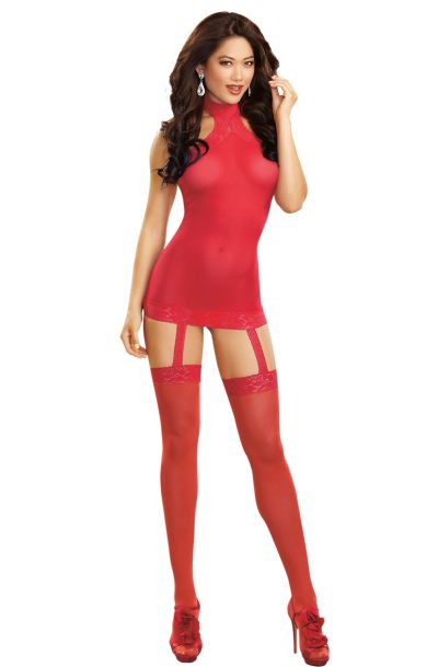 Bodystocking rouge effet guêpière avec dentelle Taille : TU, Couleur : Rouge