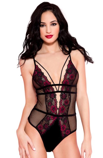 Accueil 17 Body noir résille sexy bordures dentelle fleurie et ornements Taille : TU, Couleur : Noir