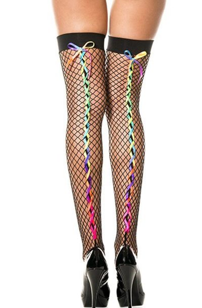 Bas noirs résille filet avec rubans colorés arc en ciel Taille : TU, Couleur : Noir
