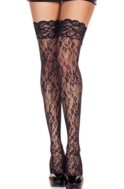 Bas noirs résille florale jarretières dentelle Taille : TU, Couleur : Noir