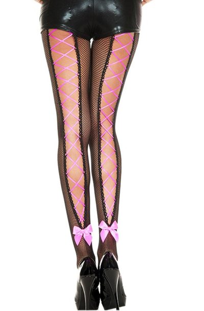 Accueil 14 Collant résille noir avec laçage rose corset et noeud Taille : TU, Couleur : Noir