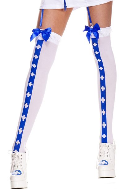 Bas sexy blanc avec bande bleu croix nfirmière et noeuds satinés Taille : TU, Couleur : Blanc
