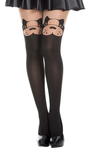 Collant semi opaque avec tête de chien fantaisie Taille : TU, Couleur : Noir