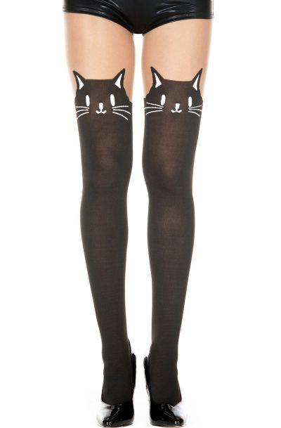 Collant semi opaque avec tête de chat fantaisie Taille : TU, Couleur : Noir