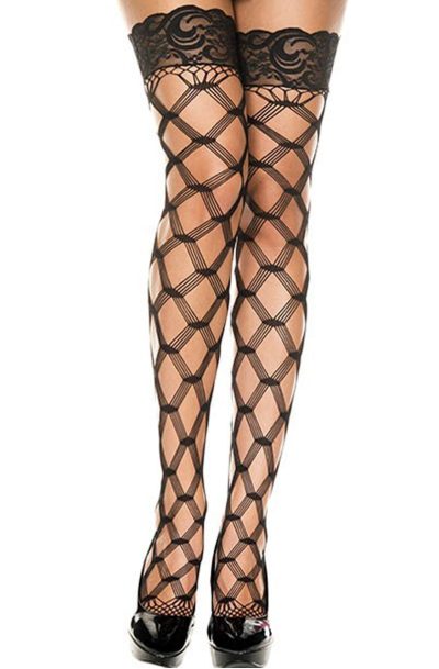 Bas autofixants filet fils noirs en losange Taille : TU, Couleur : Noir