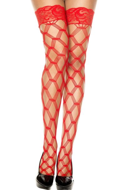 Bas autofixants filet fils rouges en losange Taille : TU, Couleur : Rouge