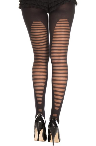 Collant semi opaque noir avec arrière fantaisie de lignes horizontales Taille : TU, Couleur : Noir