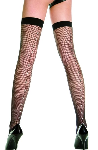 Bas résille noir coutures et strass Taille : TU, Couleur : Noir