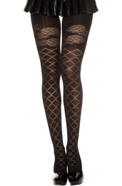 Collant semi opaque noir effet croisillons et fleurs Taille : TU, Couleur : Noir