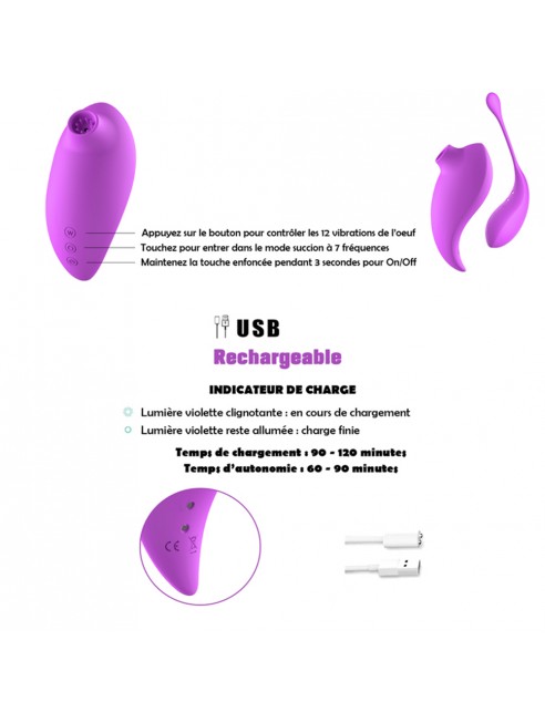 2en1 Stimulateur clitoridien à picots par aspiration avec son œuf vibrant à distance violet Couleur : Violet 5 2en1 Stimulateur clitoridien à picots par aspiration avec son œuf vibrant à distance violet Couleur : Violet – Image 5